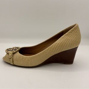Tory Burch Mini Miller Peep-Toe Wedge Heels | Beige Lizard Embossed Leather